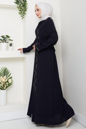 Kuşaklı Taş Detaylı Abaya Lacivert HM2803