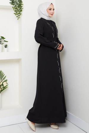 Kuşaklı Taş Detaylı Abaya Siyah HM2803