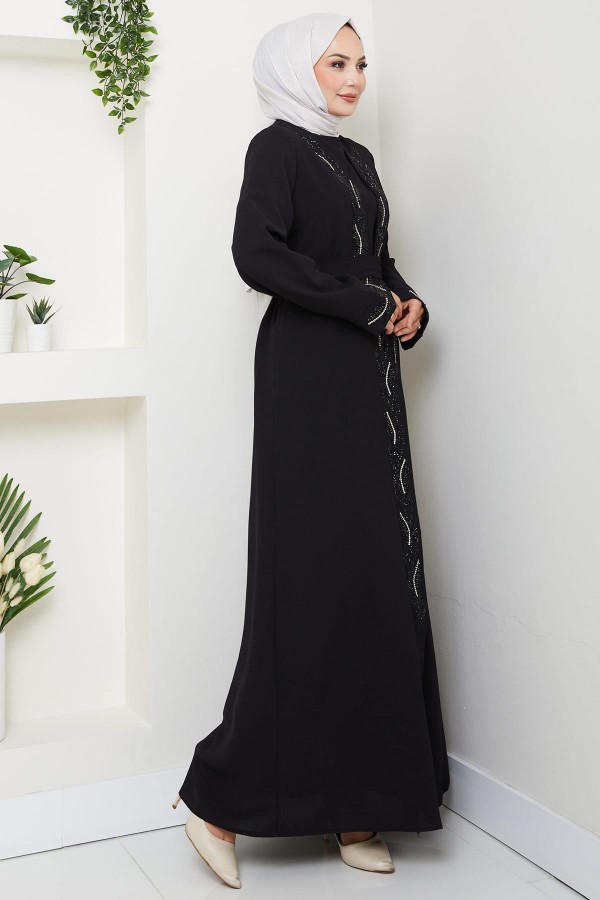 Kuşaklı Taş Detaylı Abaya Siyah HM2803
