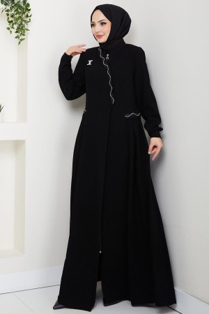 Broşlu Büyük Beden Ferace Siyah HM2843