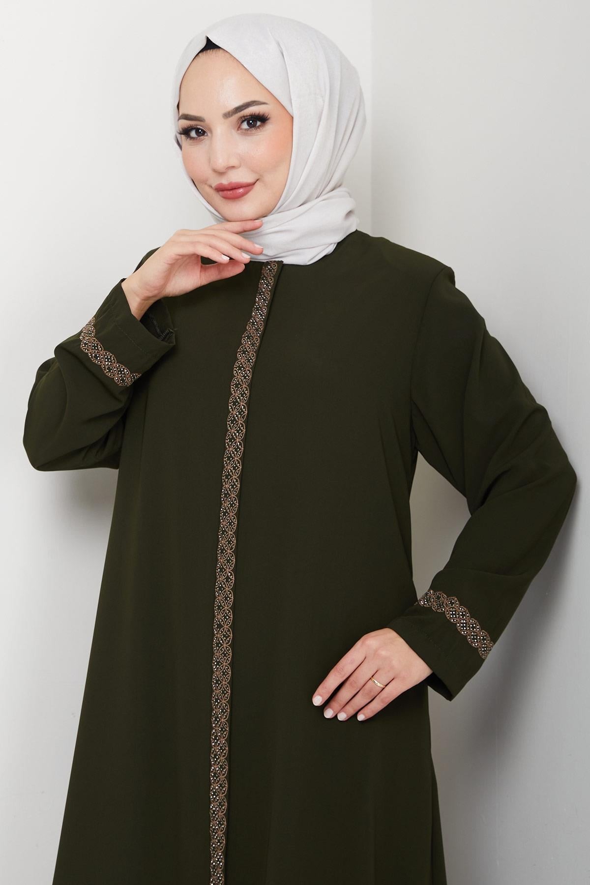 Plus Size Abaya with Floral Embroidery, Khaki HM2844
