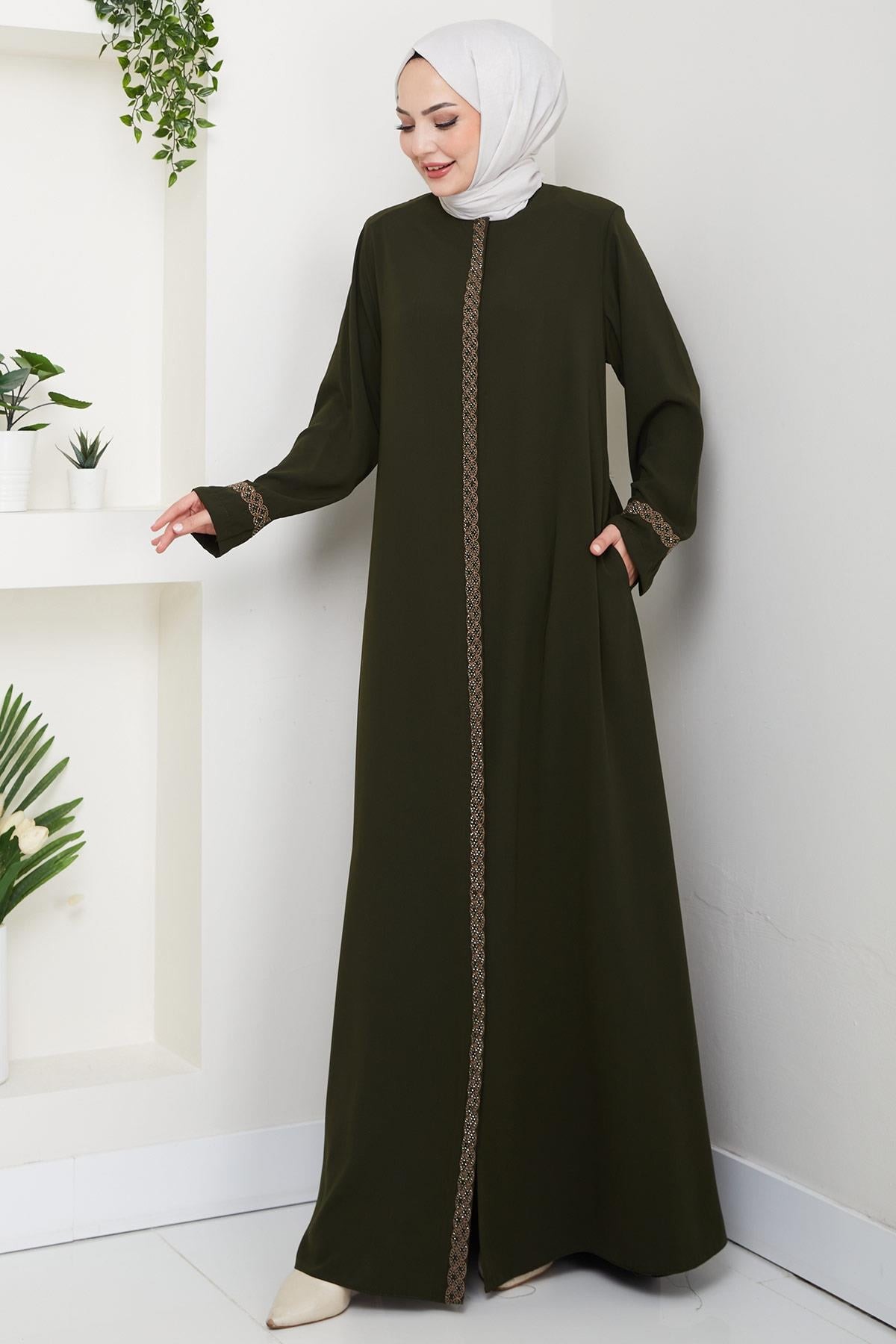Plus Size Abaya with Floral Embroidery, Khaki HM2844