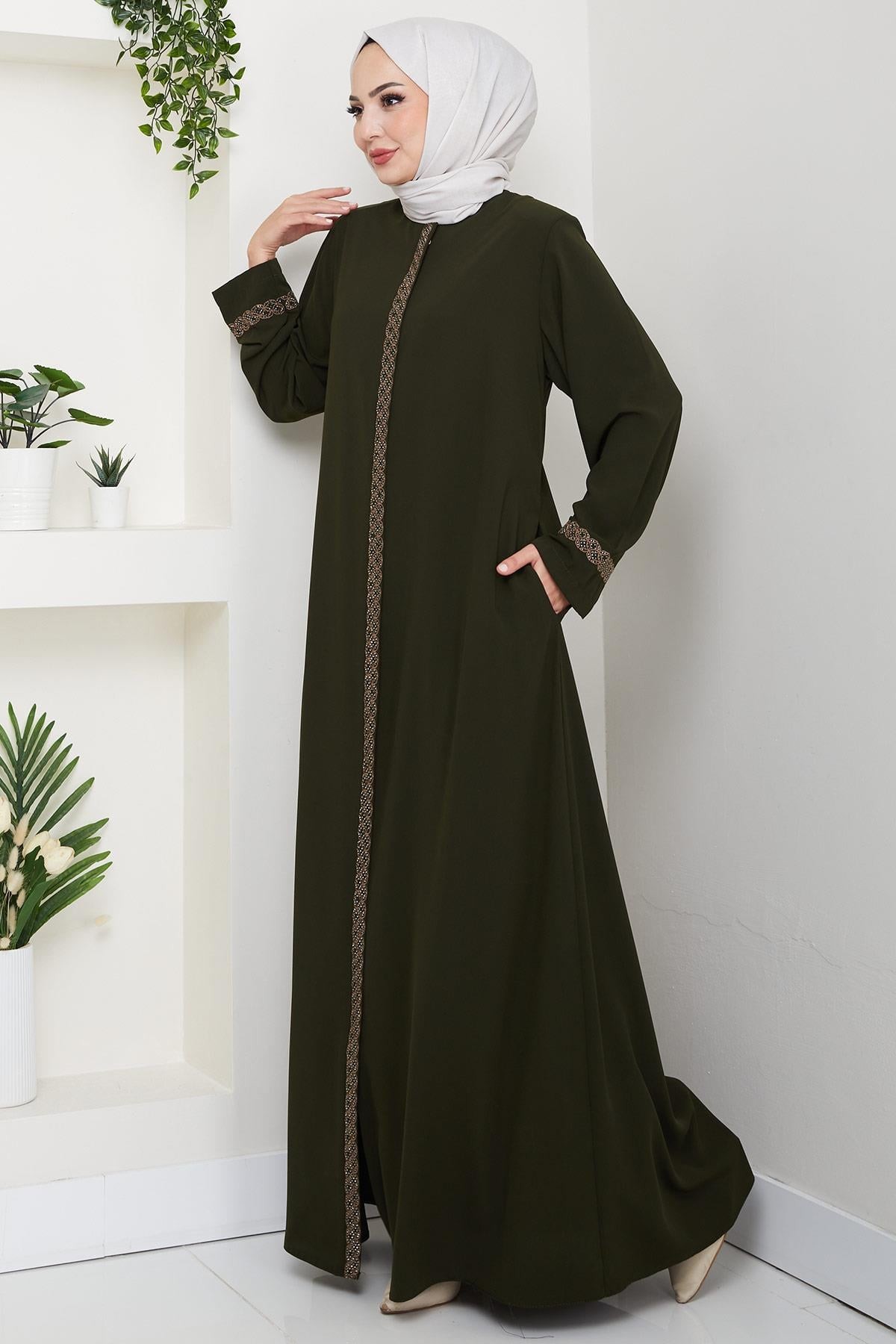Plus Size Abaya with Floral Embroidery, Khaki HM2844