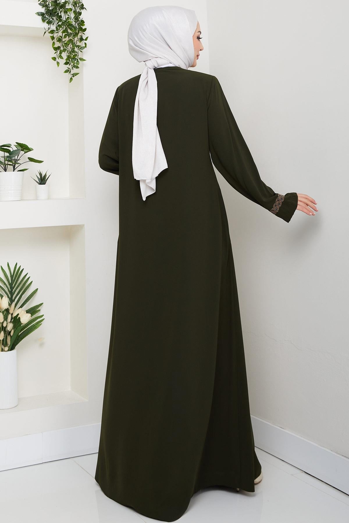Plus Size Abaya with Floral Embroidery, Khaki HM2844