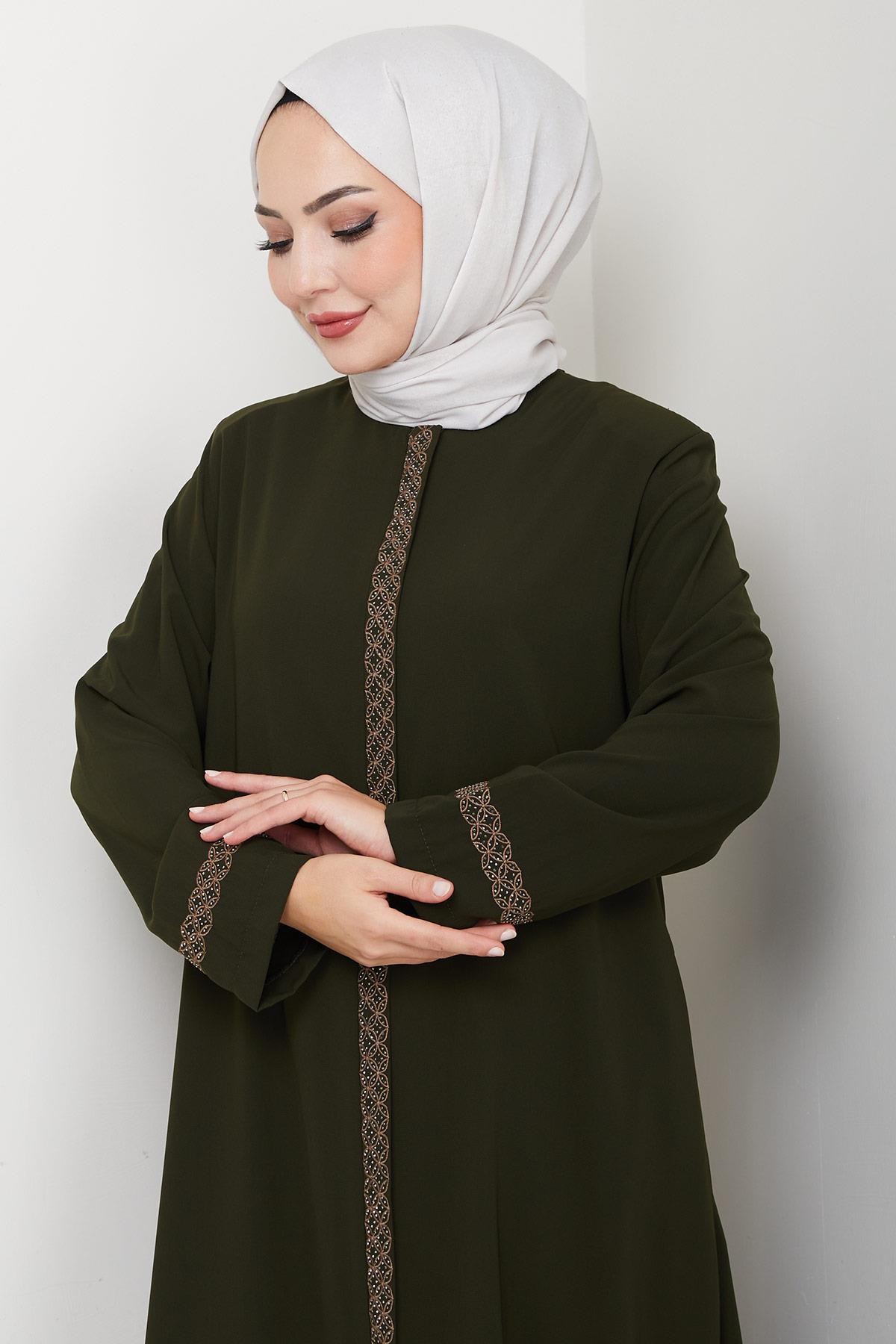 Plus Size Abaya with Floral Embroidery, Khaki HM2844 detay görseli