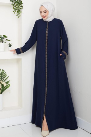Çiçek Nakışlı Büyük Beden Ferace Lacivert HM2844