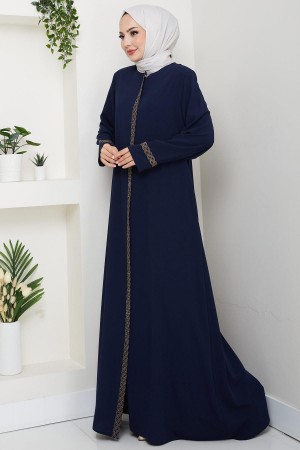 Çiçek Nakışlı Büyük Beden Ferace Lacivert HM2844