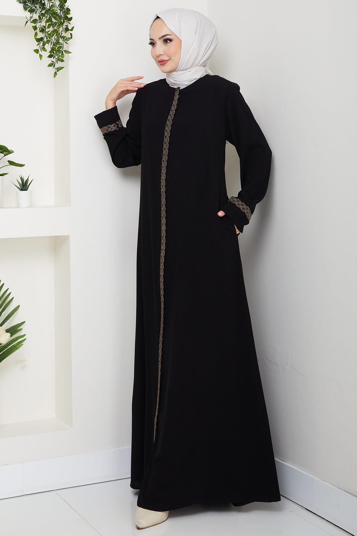 Plus Size Abaya with Floral Embroidery, Black HM2844