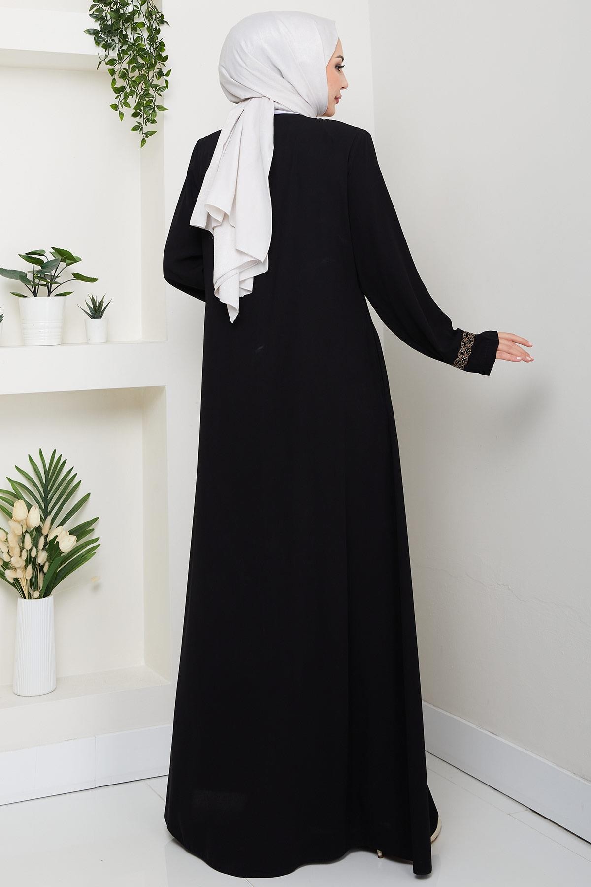 Plus Size Abaya with Floral Embroidery, Black HM2844