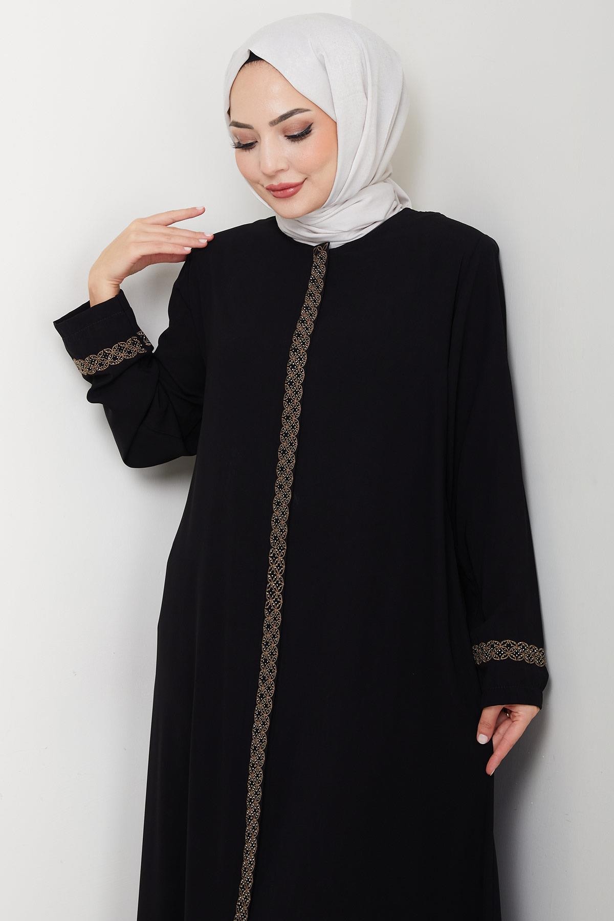 Plus Size Abaya with Floral Embroidery, Black HM2844 detay görseli