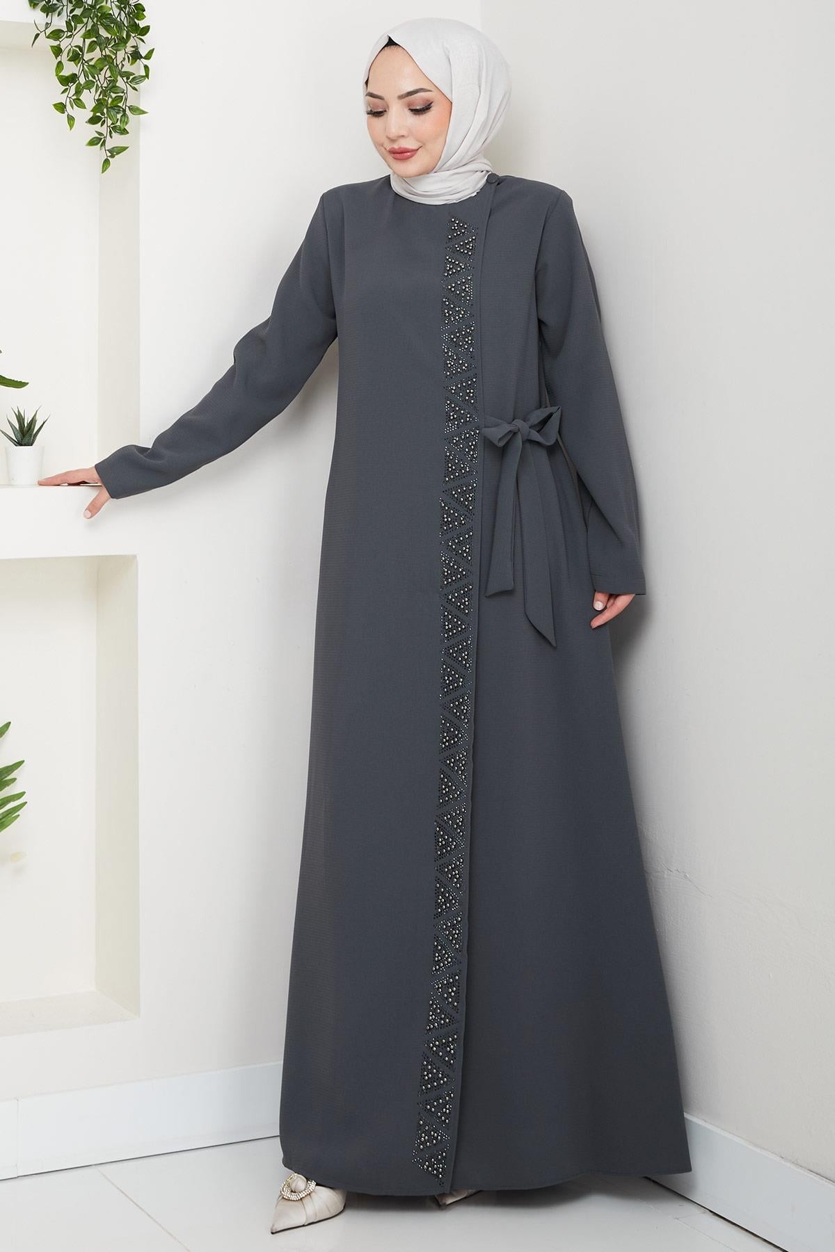 Hidden Zipper, Side Tie, Beaded Abaya, Smoke Grey HM2845