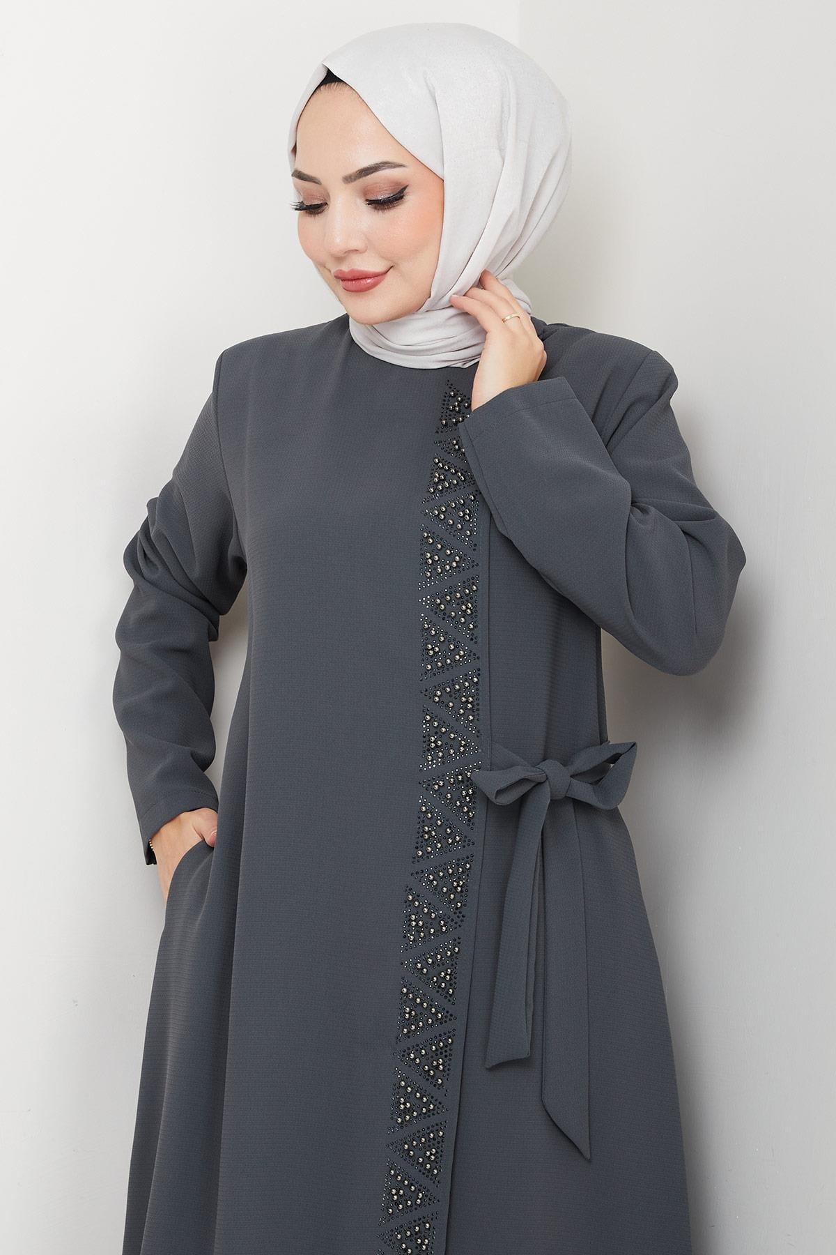 Hidden Zipper, Side Tie, Beaded Abaya, Smoke Grey HM2845