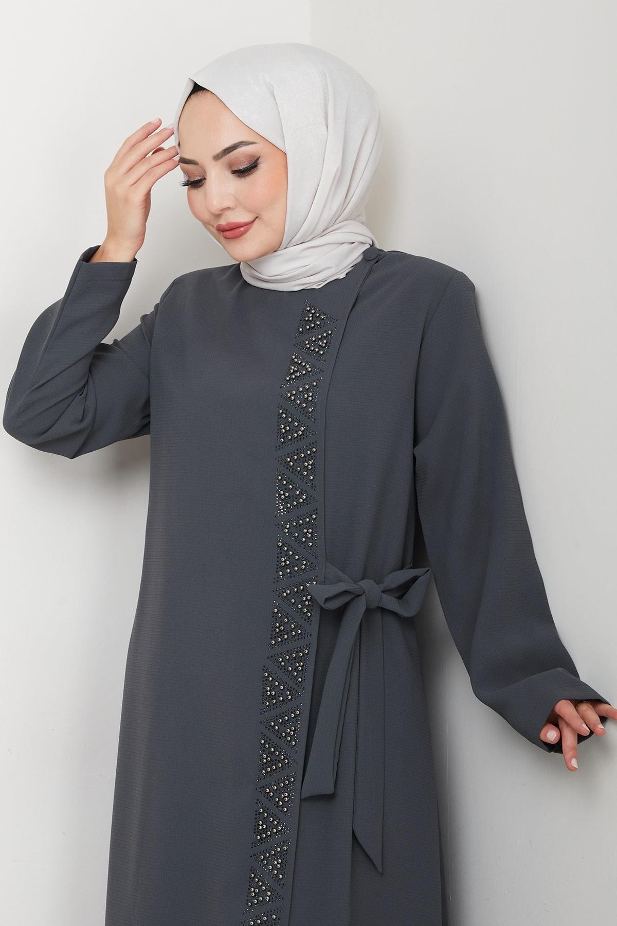 Hidden Zipper, Side Tie, Beaded Abaya, Smoke Grey HM2845