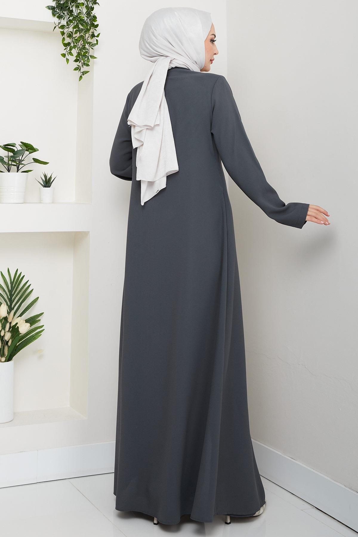 Hidden Zipper, Side Tie, Beaded Abaya, Smoke Grey HM2845