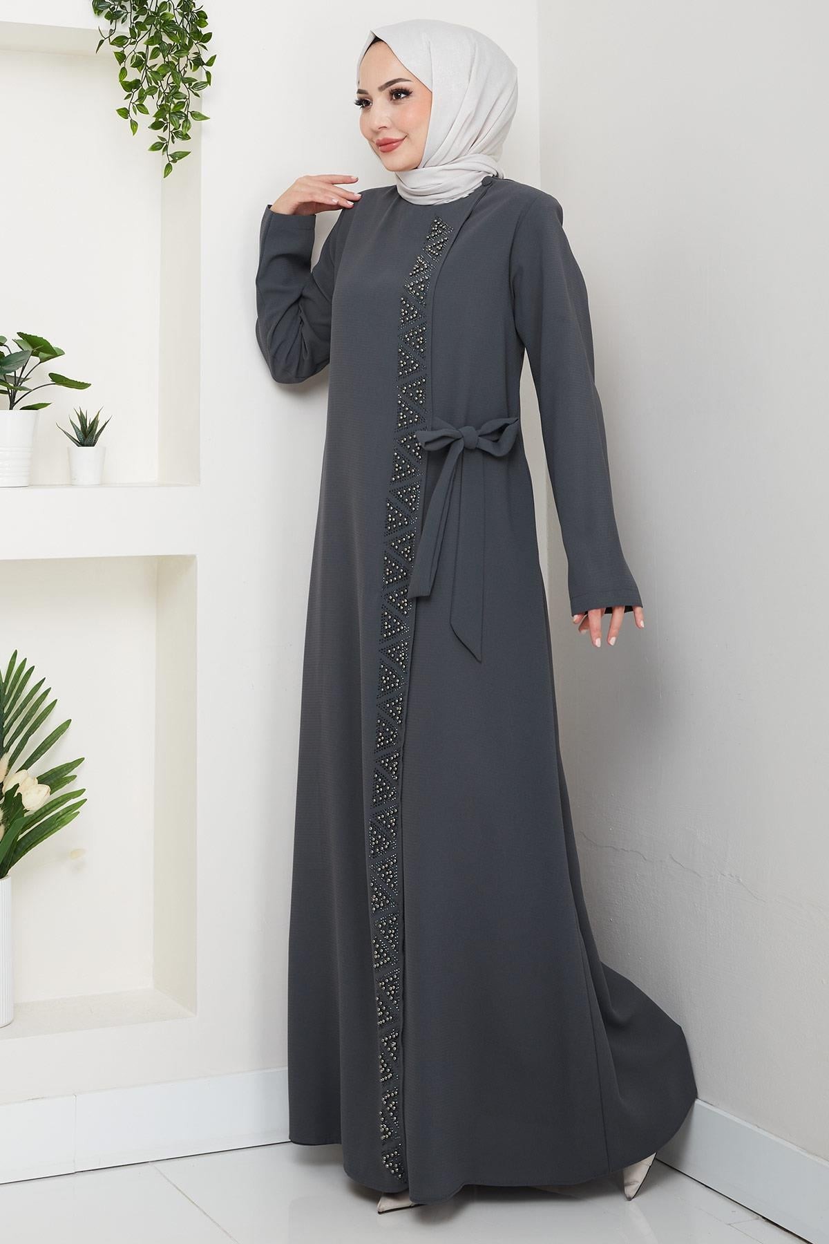 Hidden Zipper, Side Tie, Beaded Abaya, Smoke Grey HM2845 detay görseli
