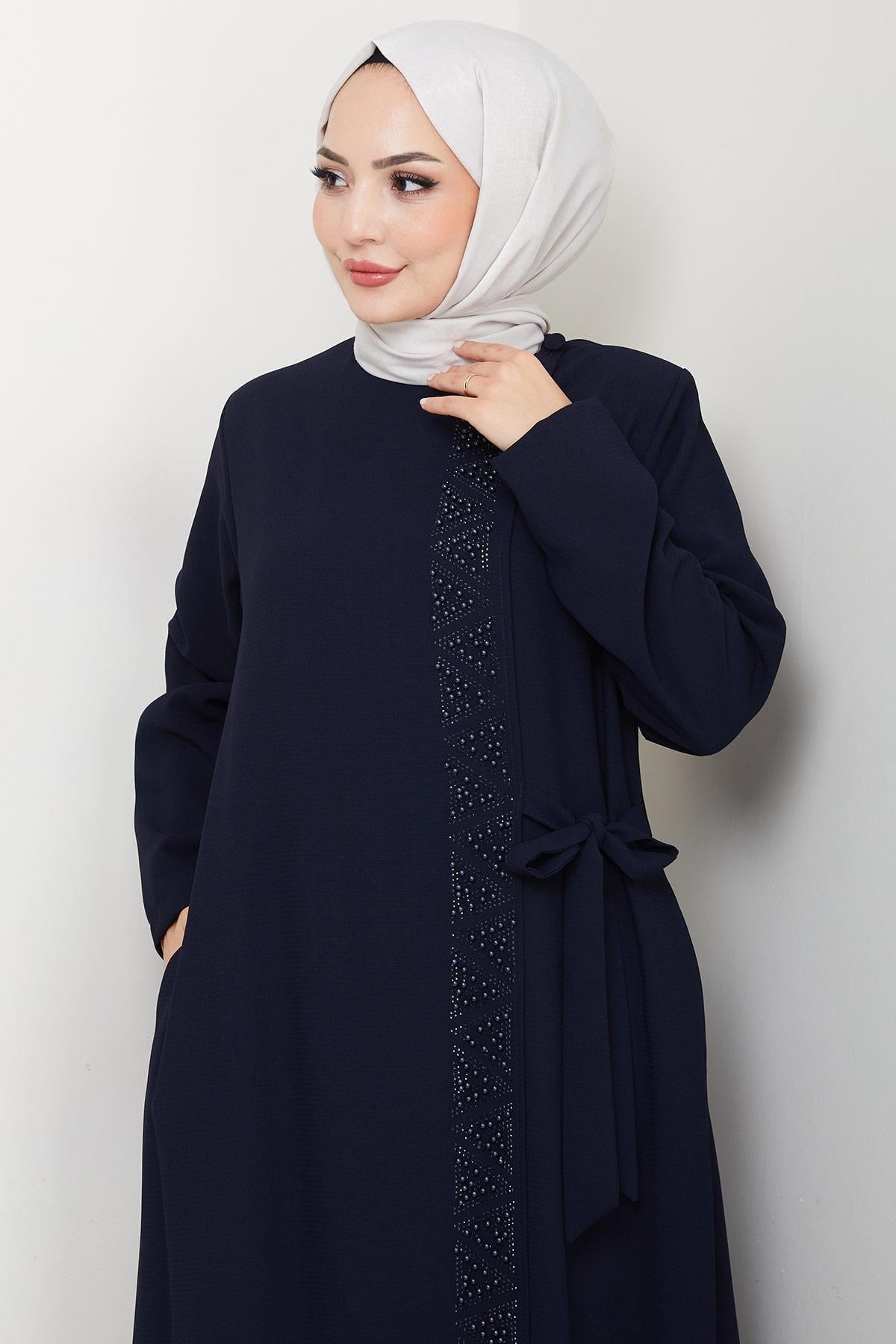 Navy Blue Beaded Abaya with Concealed Zipper and Side Tie HM2845