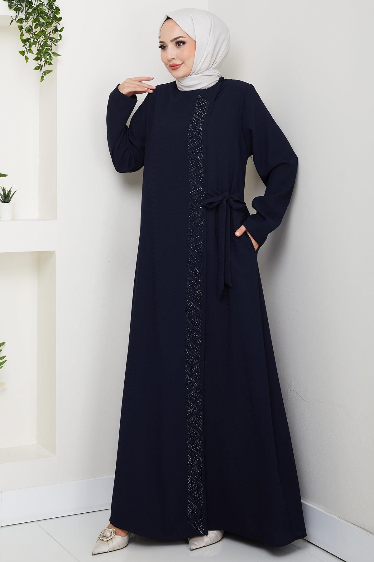 Navy Blue Beaded Abaya with Concealed Zipper and Side Tie HM2845