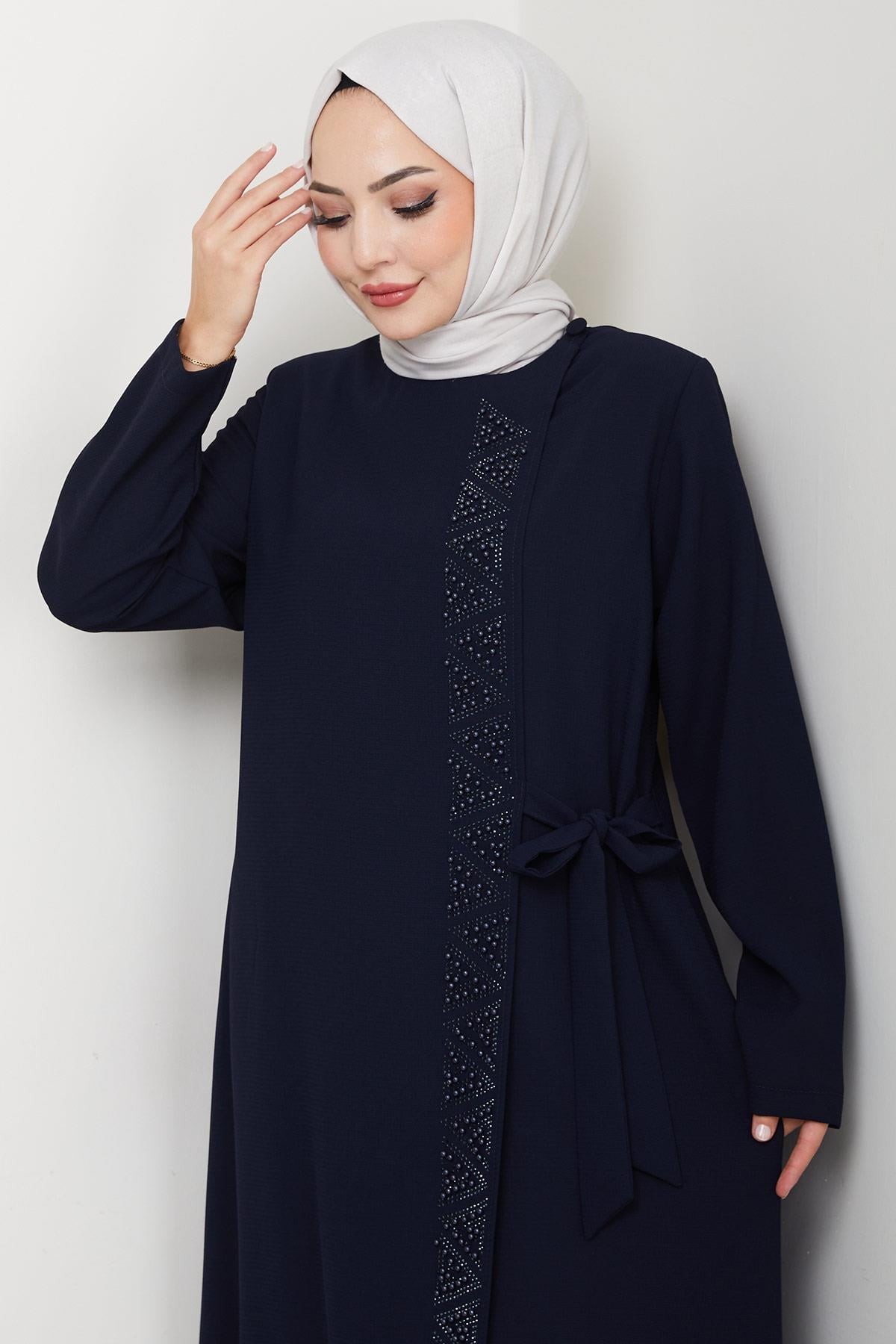 Navy Blue Beaded Abaya with Concealed Zipper and Side Tie HM2845