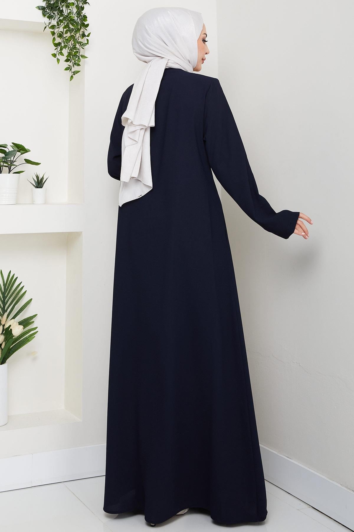 Navy Blue Beaded Abaya with Concealed Zipper and Side Tie HM2845