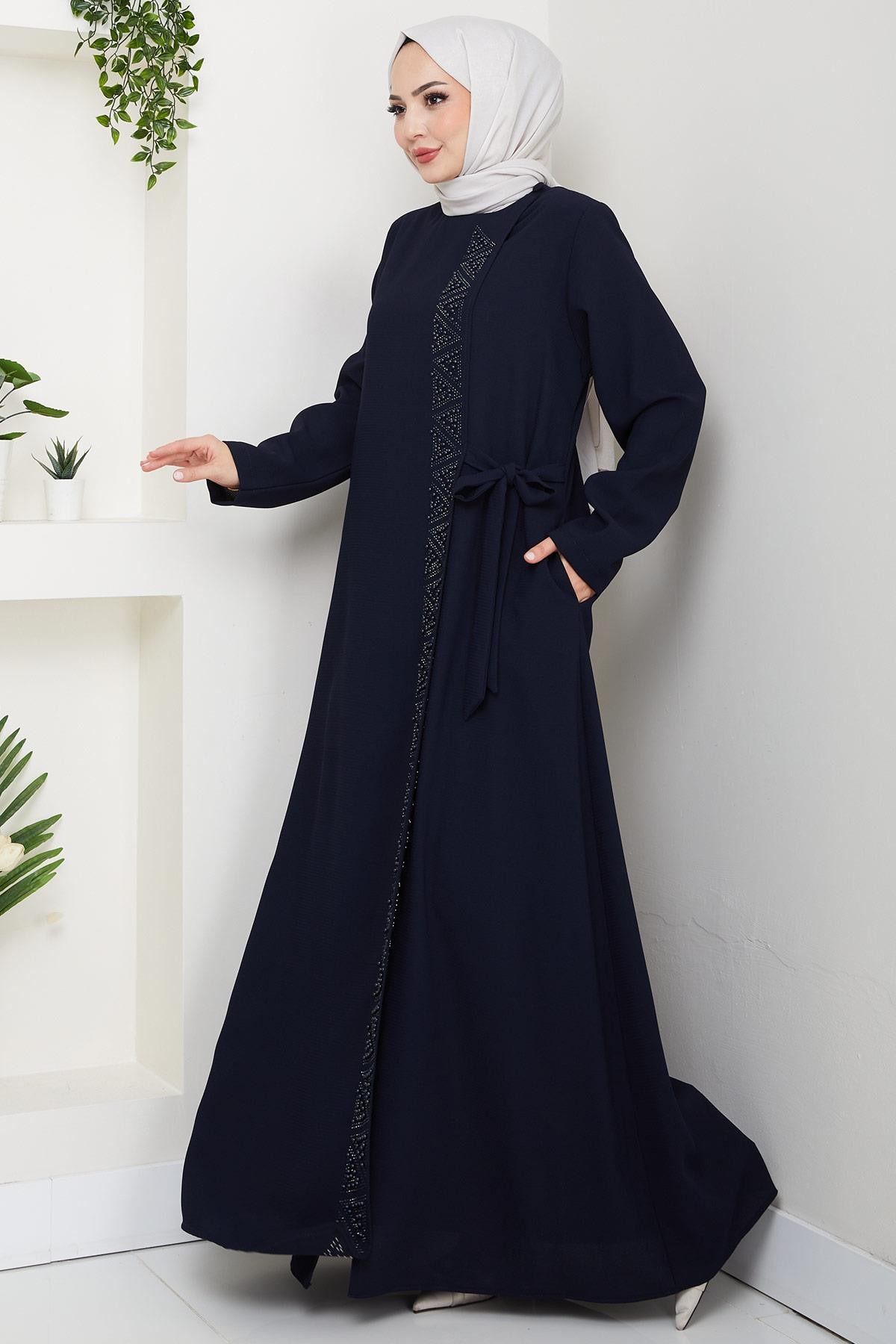 Navy Blue Beaded Abaya with Concealed Zipper and Side Tie HM2845 detay görseli