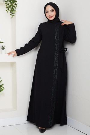 Gizli Fermuarlı Yandan Bağlamalı Boncuklu Ferace Siyah HM2845