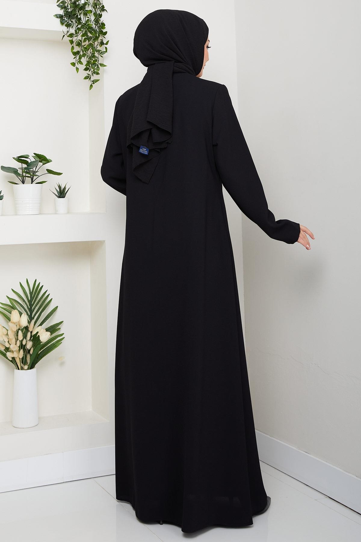 Black Beaded Abaya with Concealed Zipper and Side Tie HM2845