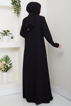 Gizli Fermuarlı Yandan Bağlamalı Boncuklu Ferace Siyah HM2845