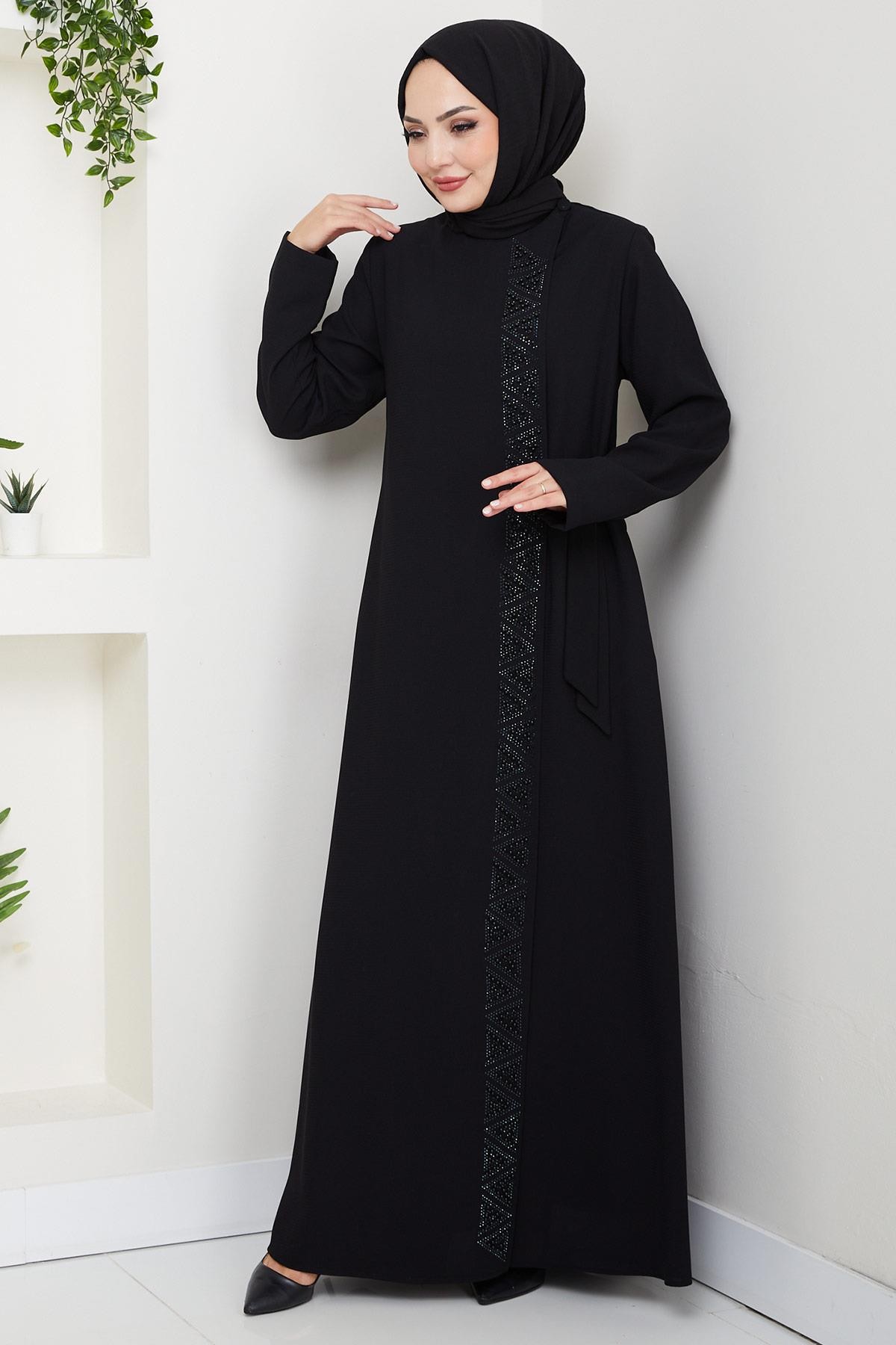 Black Beaded Abaya with Concealed Zipper and Side Tie HM2845 detay görseli
