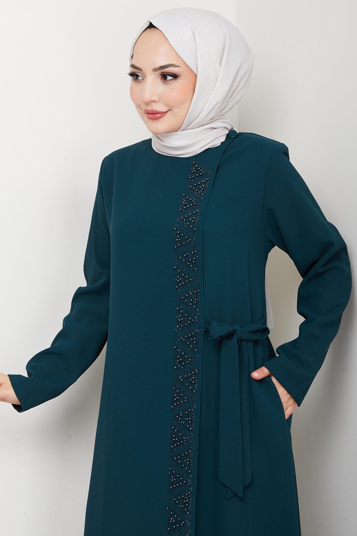 Emerald Green HM2845 - Beaded Abaya with Hidden Zipper and Side Tie