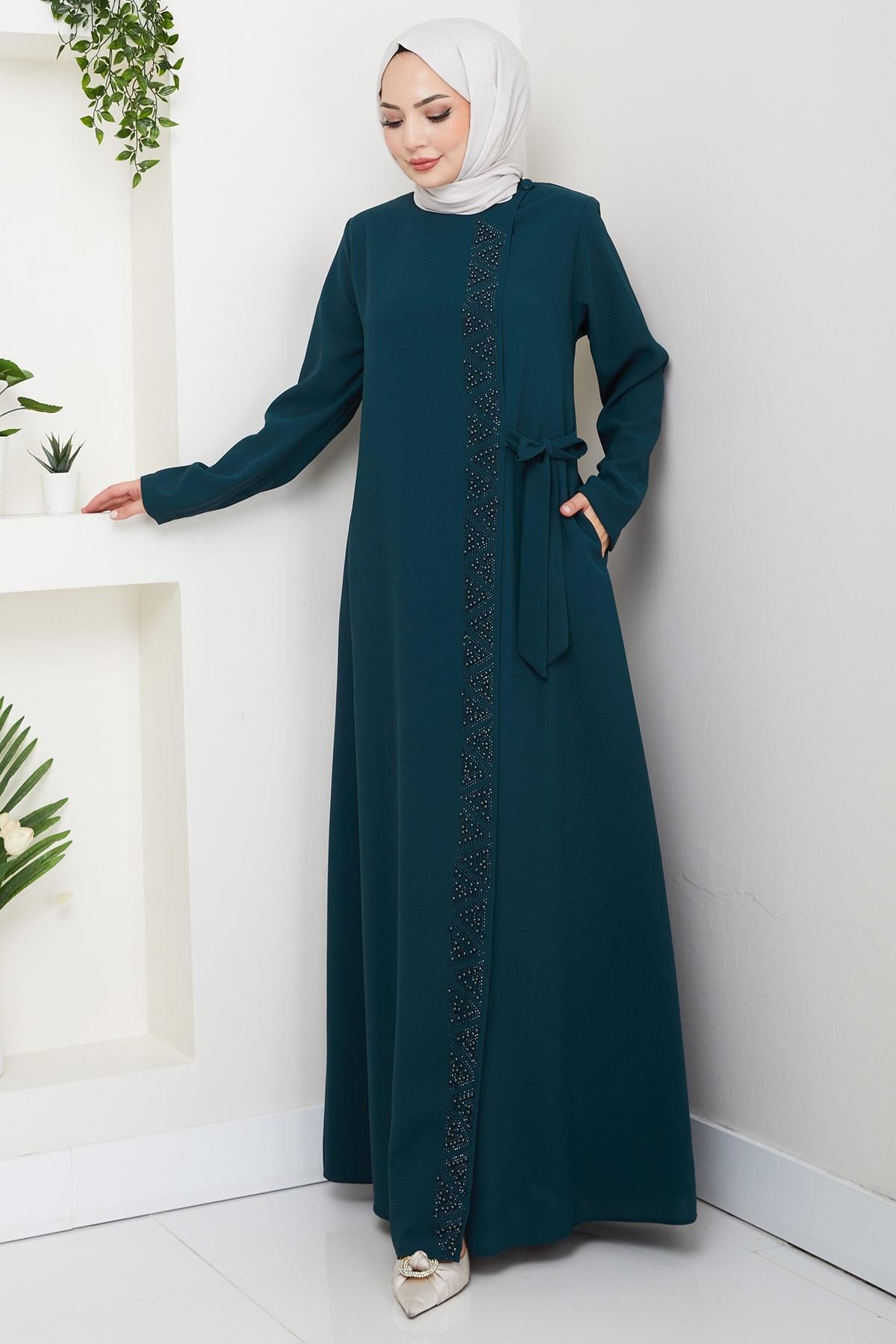 Emerald Green HM2845 - Beaded Abaya with Hidden Zipper and Side Tie