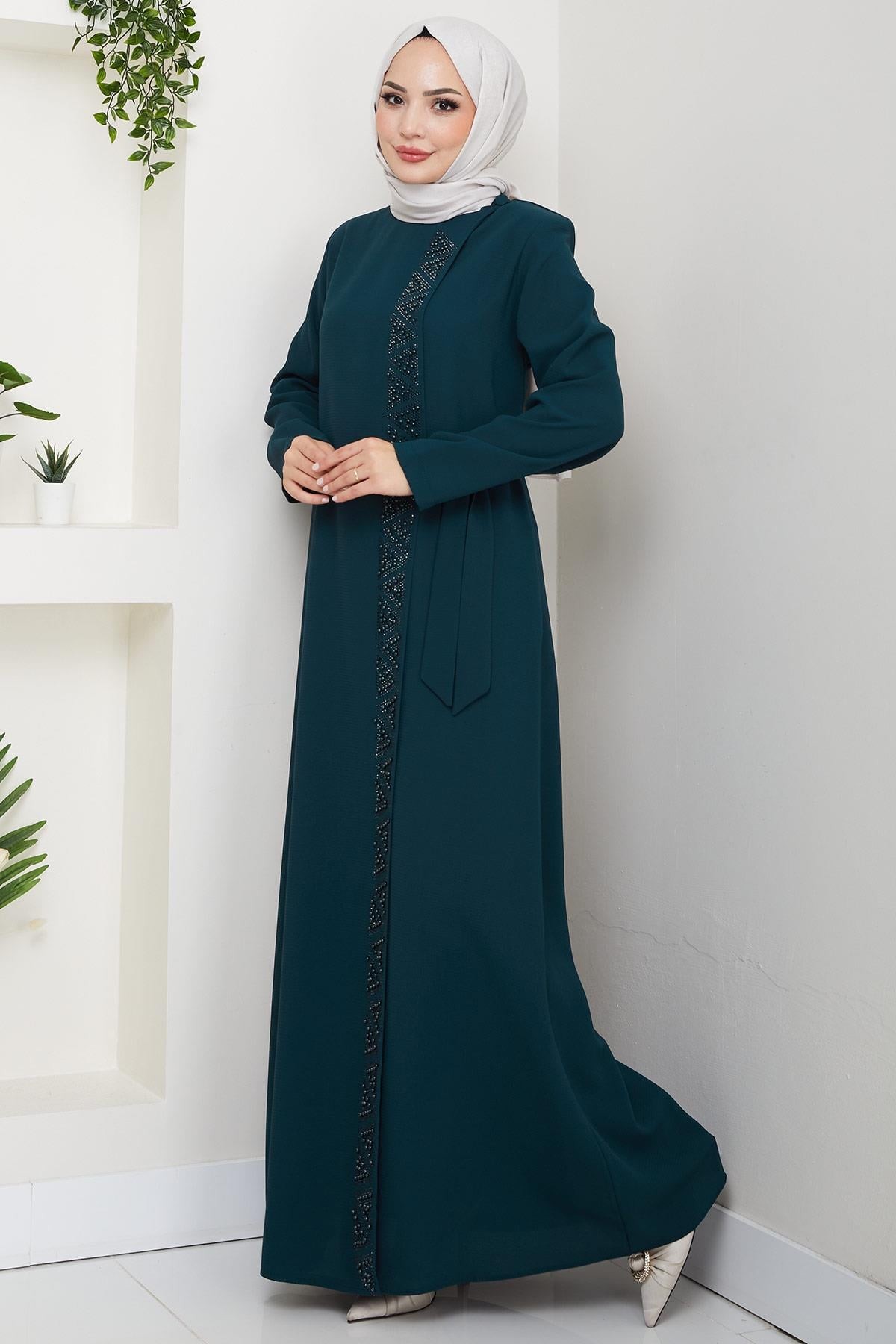 Emerald Green HM2845 - Beaded Abaya with Hidden Zipper and Side Tie