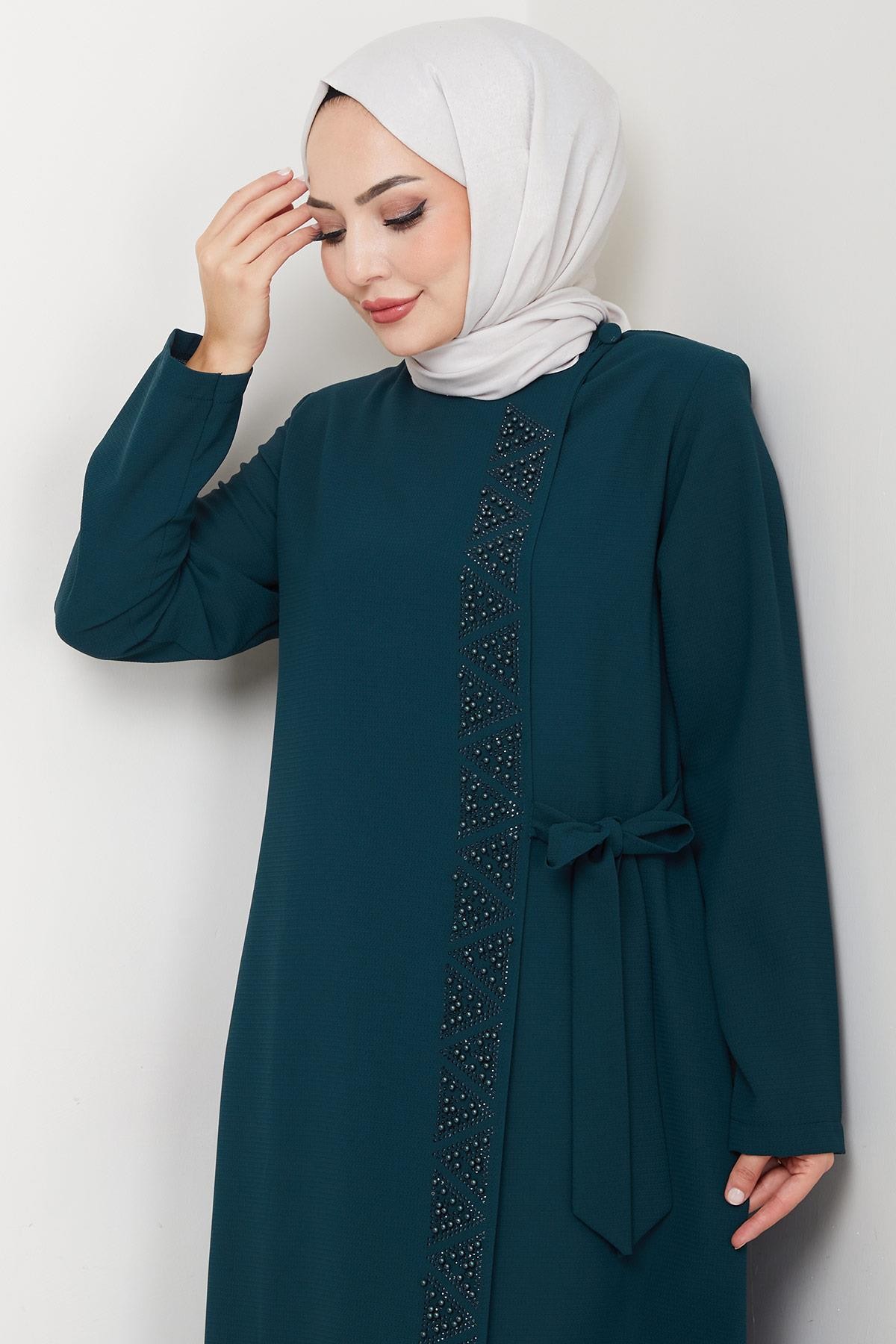 Emerald Green HM2845 - Beaded Abaya with Hidden Zipper and Side Tie detay görseli