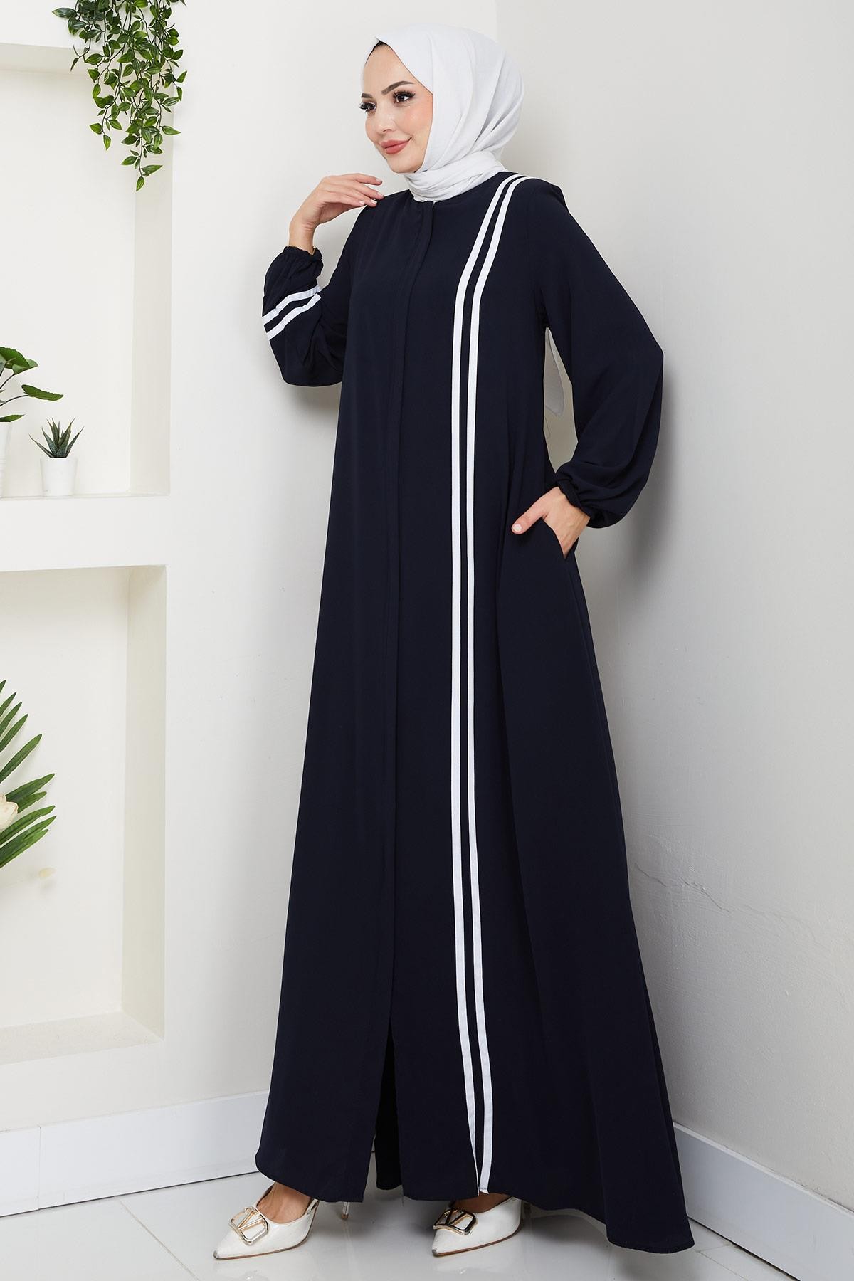 Şerit Detaylı Ferace Lacivert HM2846