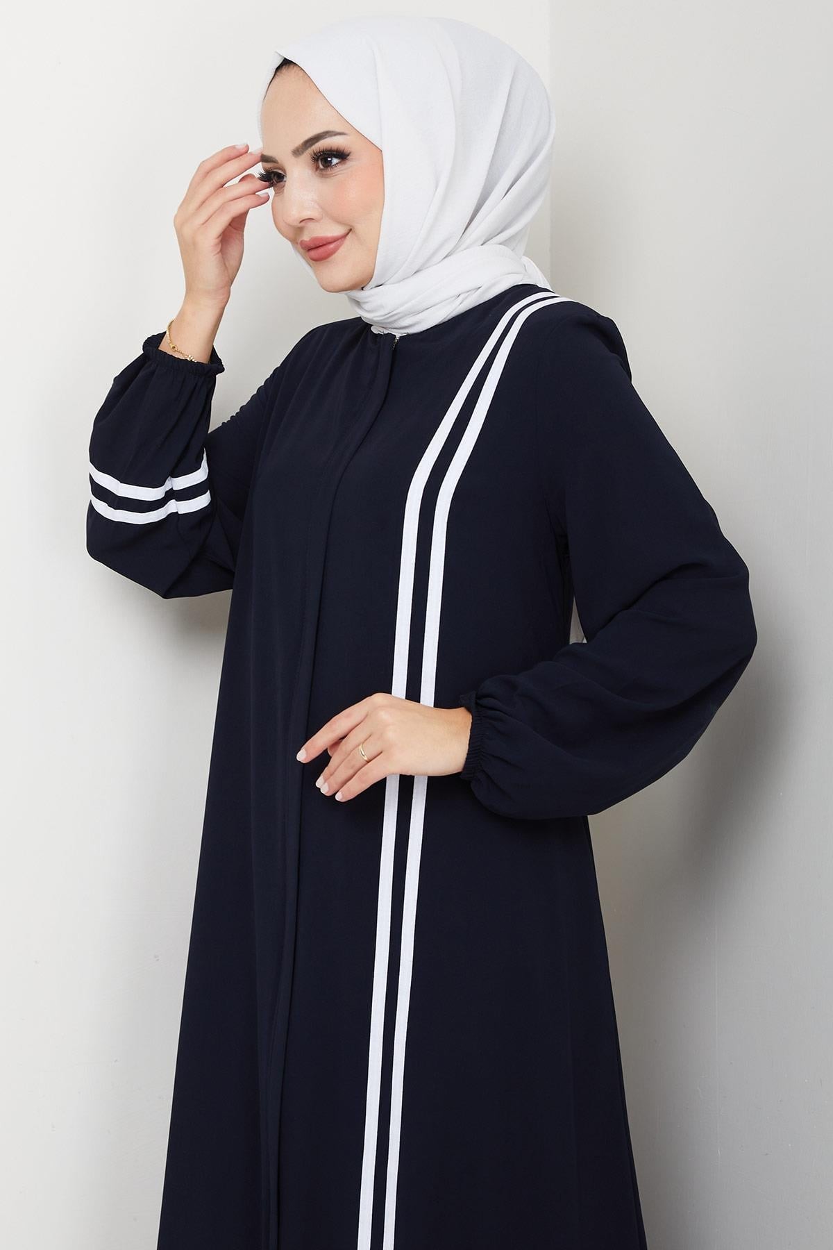 Şerit Detaylı Ferace Lacivert HM2846
