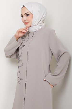 Çiçek Detay Taşlı Ferace Bej HM2847