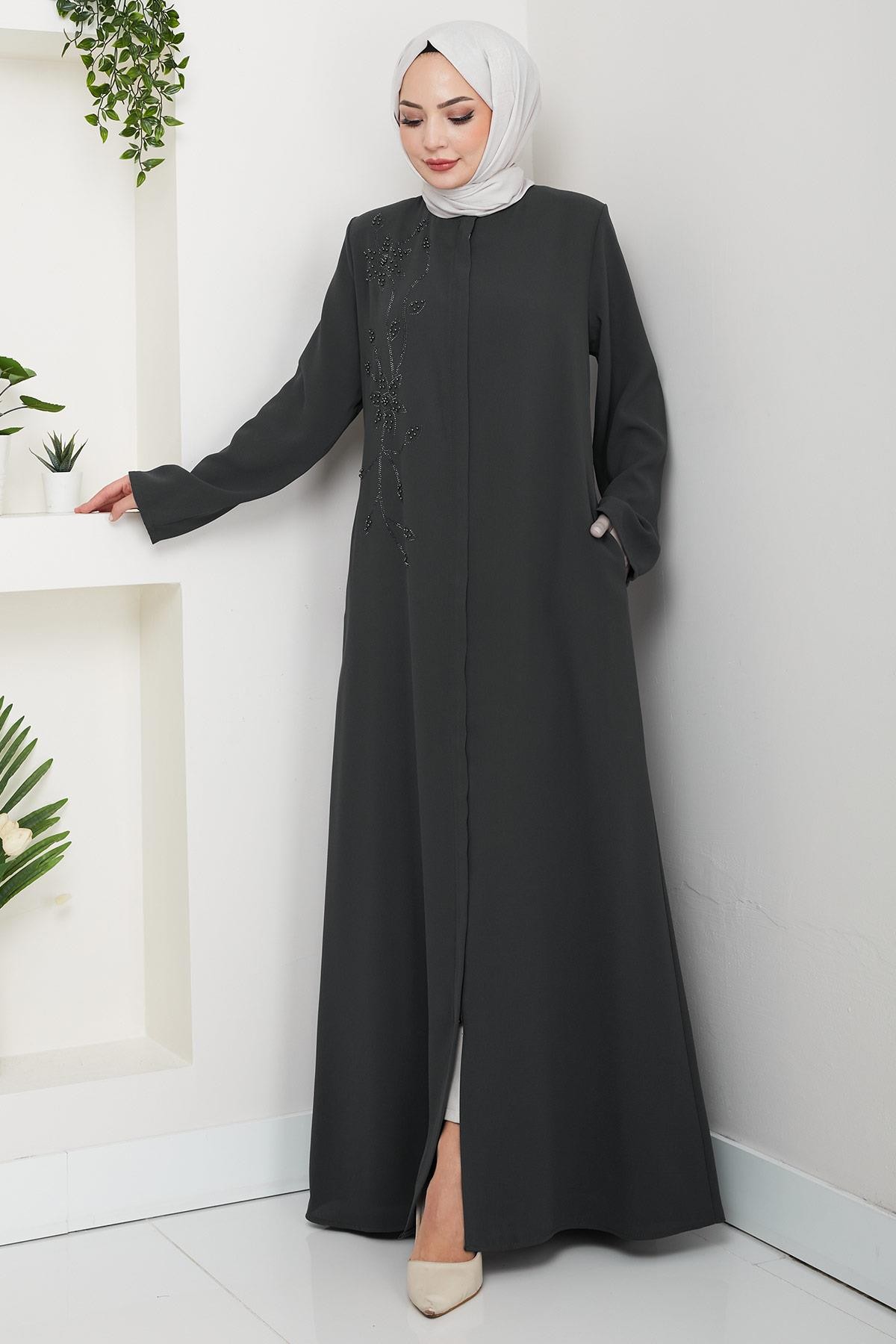 Çiçek Detay Taşlı Ferace Füme HM2847
