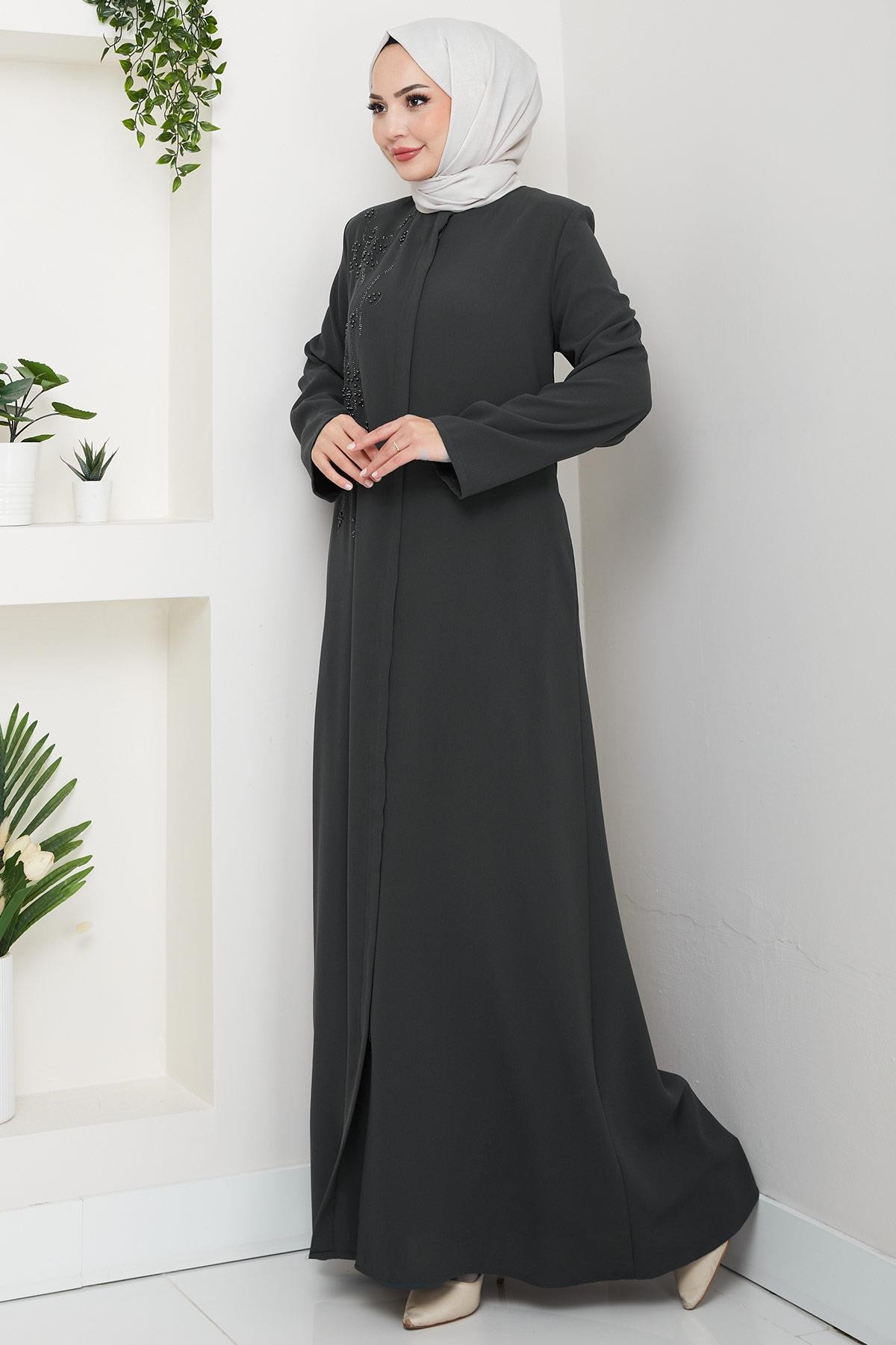 Çiçek Detay Taşlı Ferace Füme HM2847