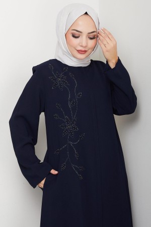 Çiçek Detay Taşlı Ferace Lacivert HM2847