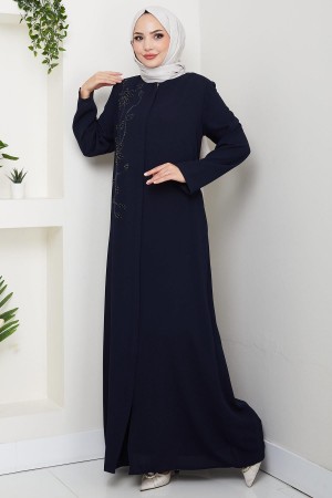 Çiçek Detay Taşlı Ferace Lacivert HM2847