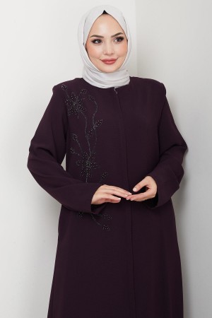 Çiçek Detay Taşlı Ferace Mor HM2847