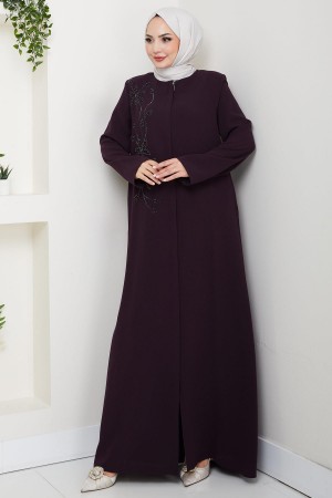 Çiçek Detay Taşlı Ferace Mor HM2847