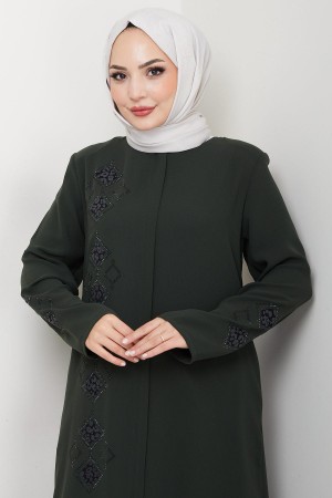 Deri İşlemeli Ferace Haki HM2849