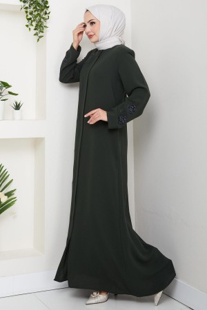 Deri İşlemeli Ferace Haki HM2849