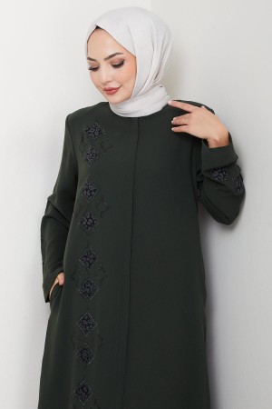 Deri İşlemeli Ferace Haki HM2849