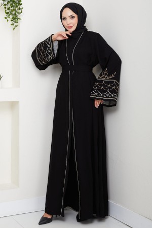 Nakışlı Kuşaklı Abaya Siyah HM2852