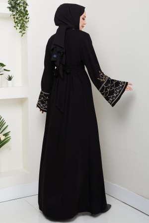 Nakışlı Kuşaklı Abaya Siyah HM2852