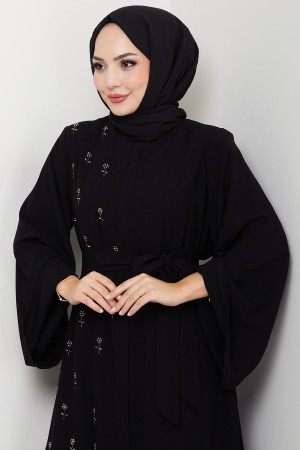 Kuşaklı Çiçek Taşlı Ferace Siyah HM2853