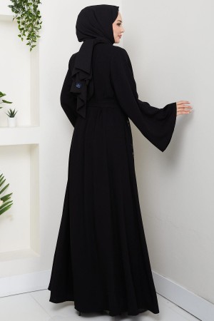 Kuşaklı Çiçek Taşlı Ferace Siyah HM2853