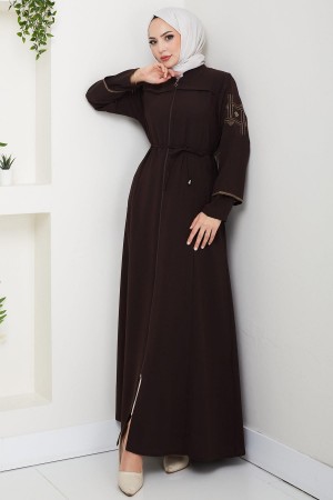 Bağcıklı Kolu Nakışlı Ferace Kahverengi HM2854