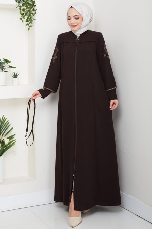 Bağcıklı Kolu Nakışlı Ferace Kahverengi HM2854